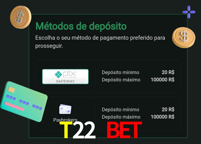 O cassino T22 Bet oferece uma grande variedade de métodos de pagamento